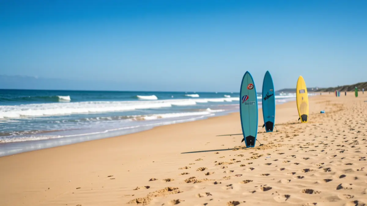 Imaxe xenérica dunha praia galega con táboas de surf.