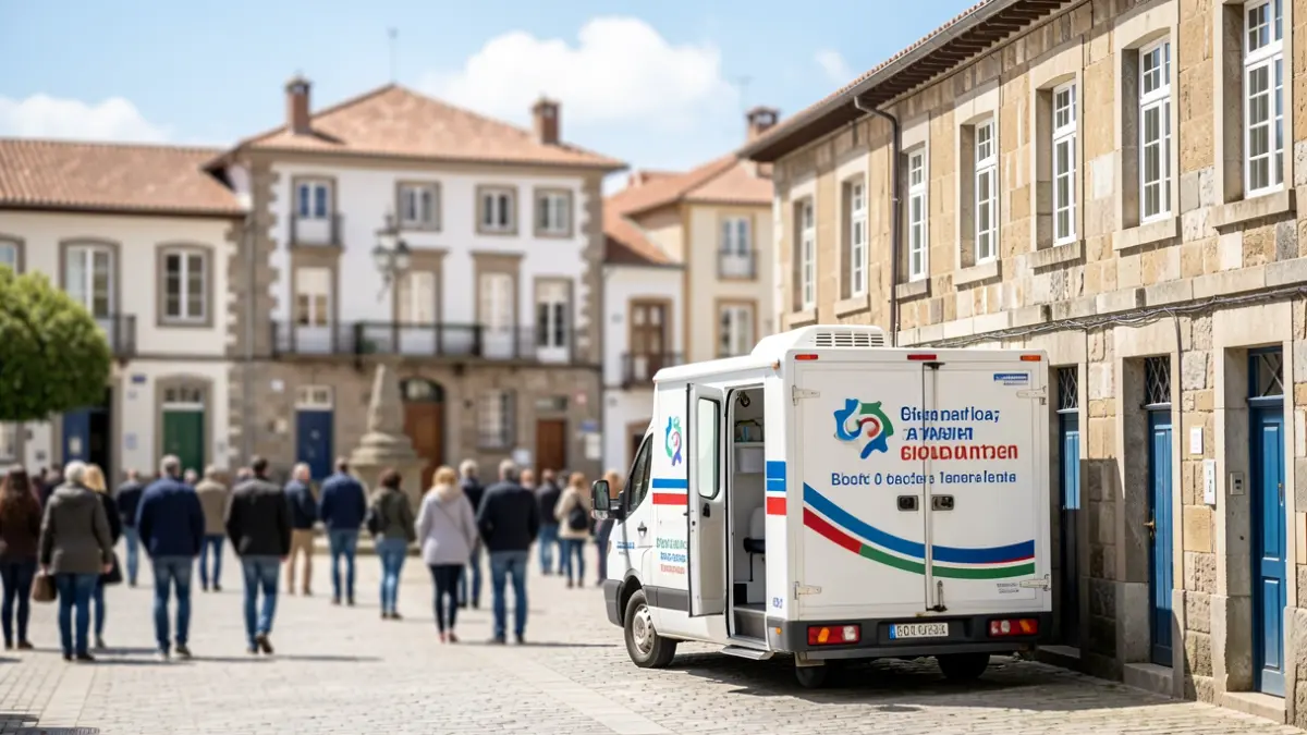 Unidade móbil de doazón de sangue estacionada preto dun centro de saúde en Galicia.