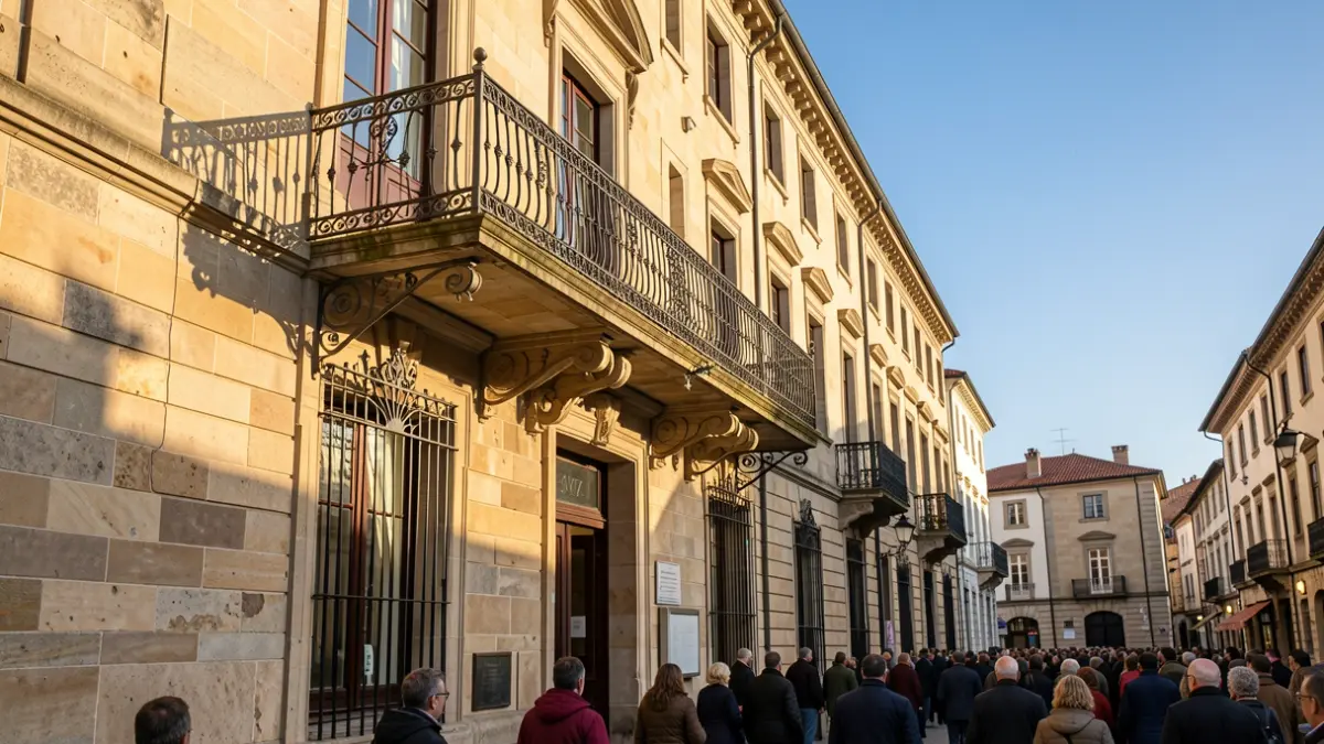 Imagen genérica de un ayuntamiento de piedra gallego con balcón de hierro, a la luz de la tarde.