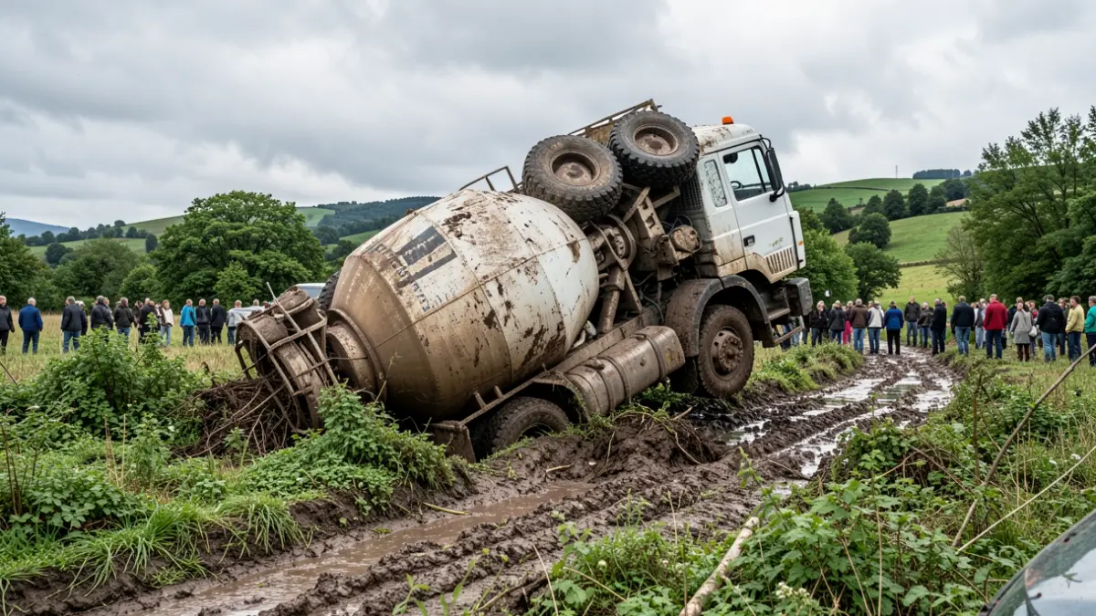 Imaxe dun camión de cemento envorcado nunha leira en Galicia.