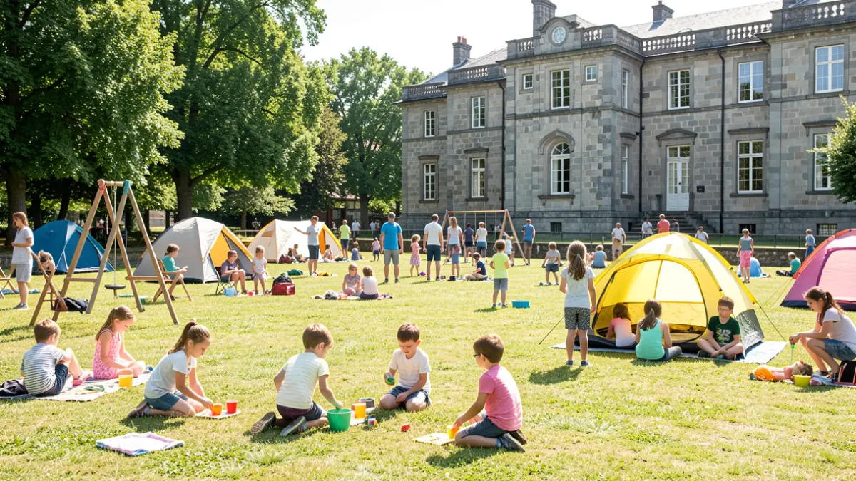 Imagen genérica de niños participando en actividades de campamento de verano en un parque soleado en Galicia.