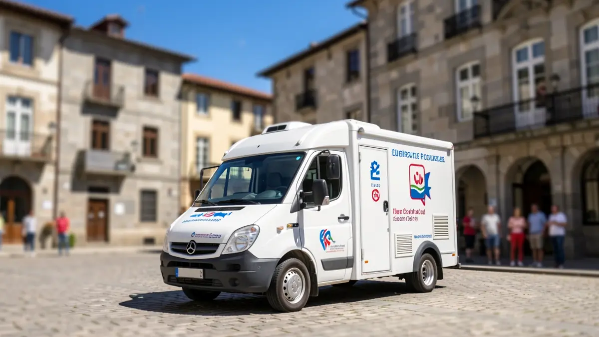 Unidad móvil de donación de sangre estacionada en una plaza soleada de Galicia.