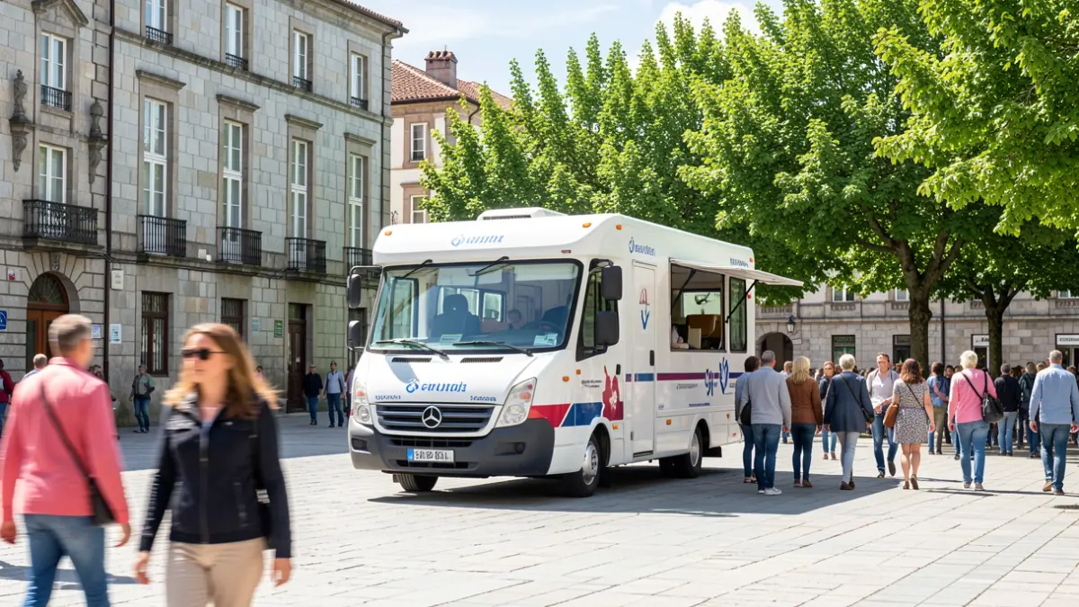 Unidad móvil de donación de sangre estacionada en una plaza soleada de Galicia con arquitectura de granito.