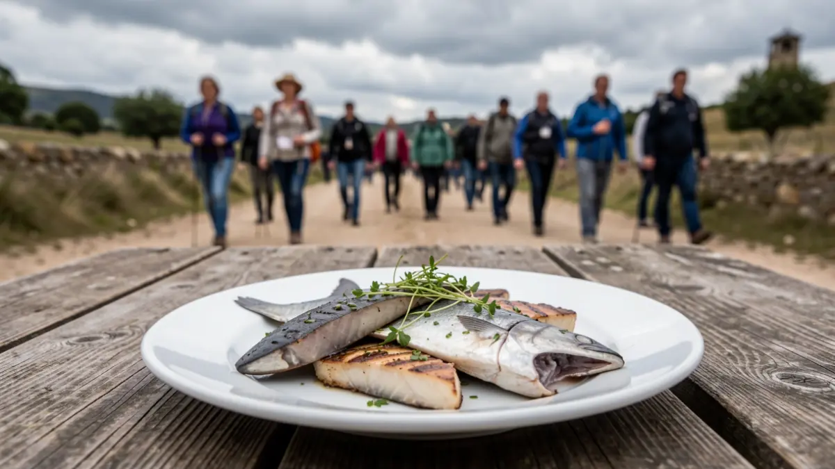 Imagen de un plato de pez espada y tiburón a la parrilla, con peregrinos del Camino de Santiago al fondo.