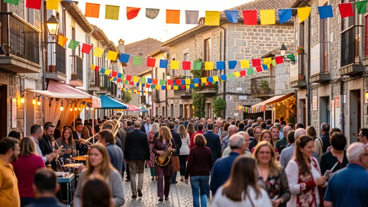Imagen genérica de una fiesta popular en Galicia con gente y arquitectura tradicional.