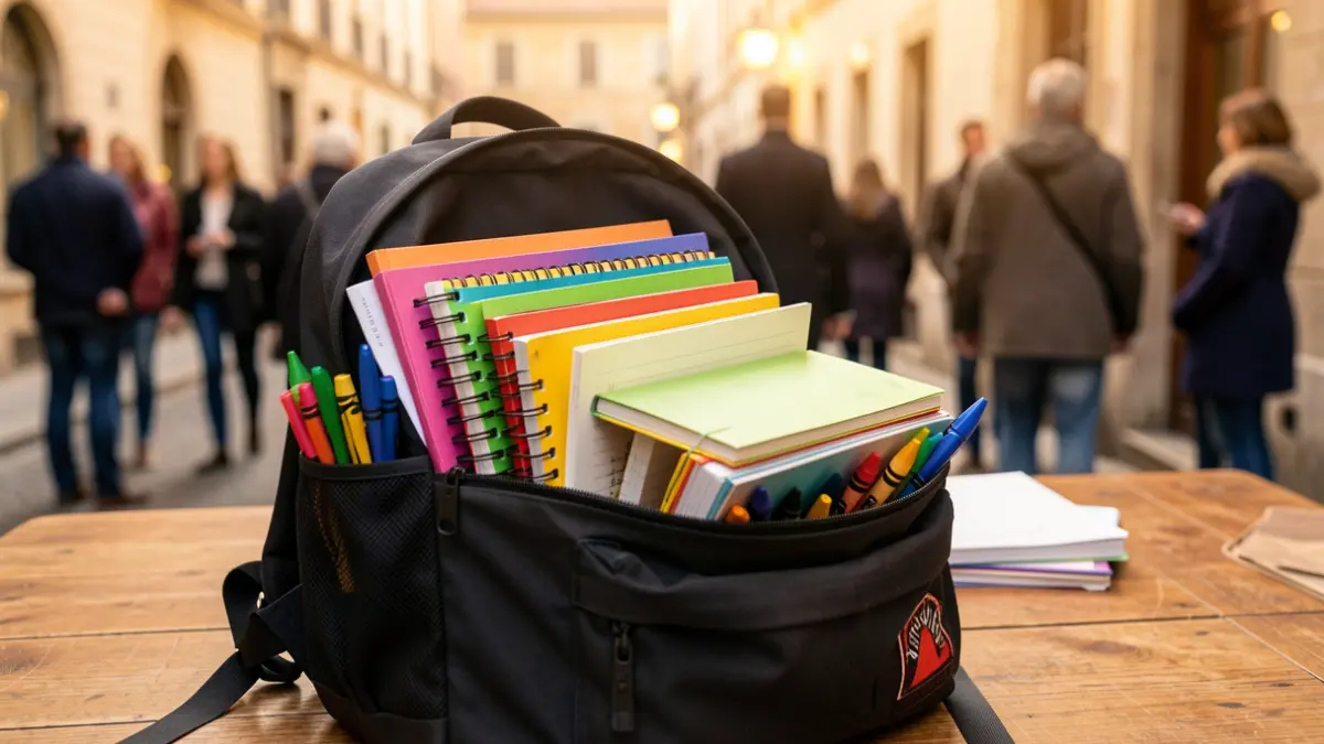Imaxe xenérica de material escolar, como mochilas e cadernos, sobre unha mesa.