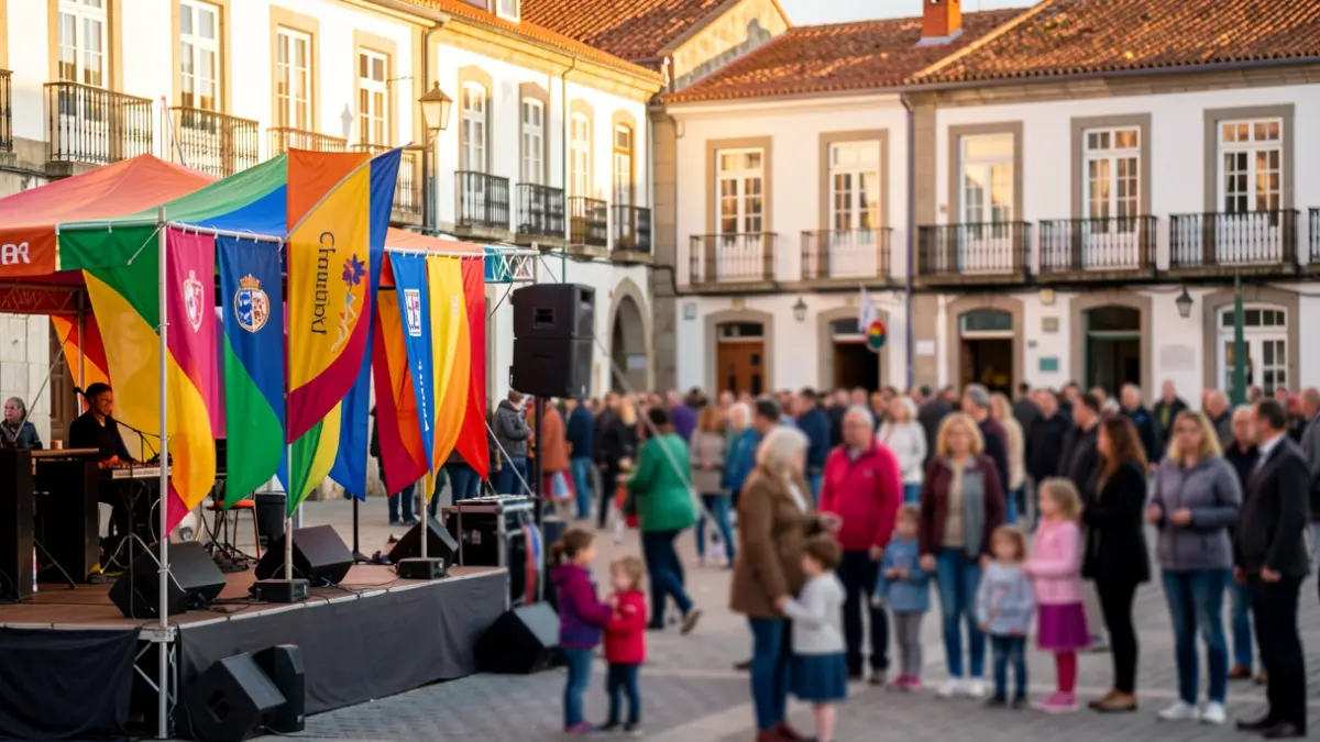 Imagen de un escenario al aire libre en una plaza de A Coruña con familias de fondo.