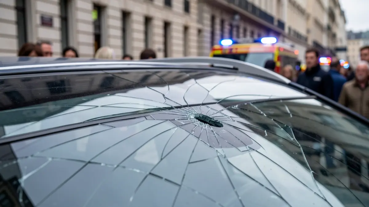 Detalle de un parabrisas de coche dañado con cascotes, con luces de emergencia borrosas.