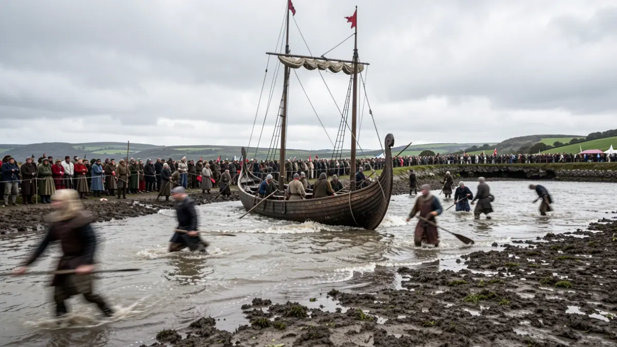 Recreación dun drakkar viquingo desembarcando nunha ribeira lamacenta nas Torres de Oeste de Catoira, Galicia, durante unha festa histórica.