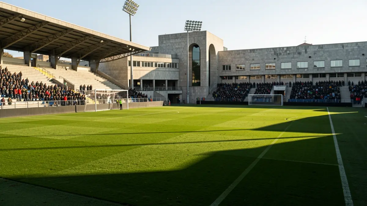 Imaxe xenérica dun campo de fútbol galego con arquitectura de granito e luces do estadio.