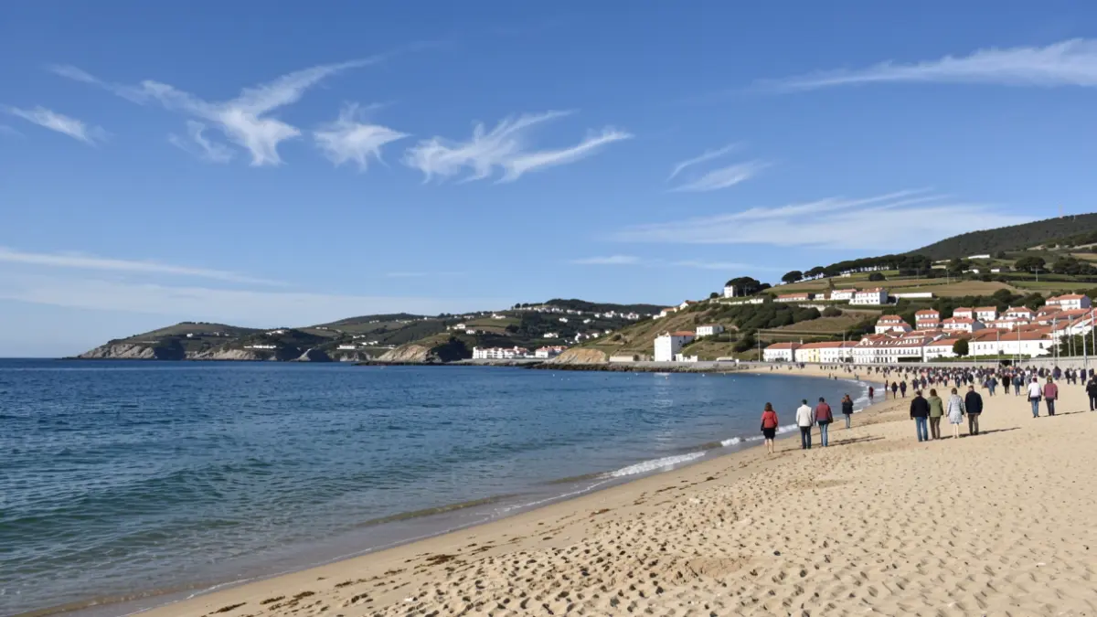 Imaxe xenérica dunha praia galega con augas tranquilas e unha vila ao fondo.