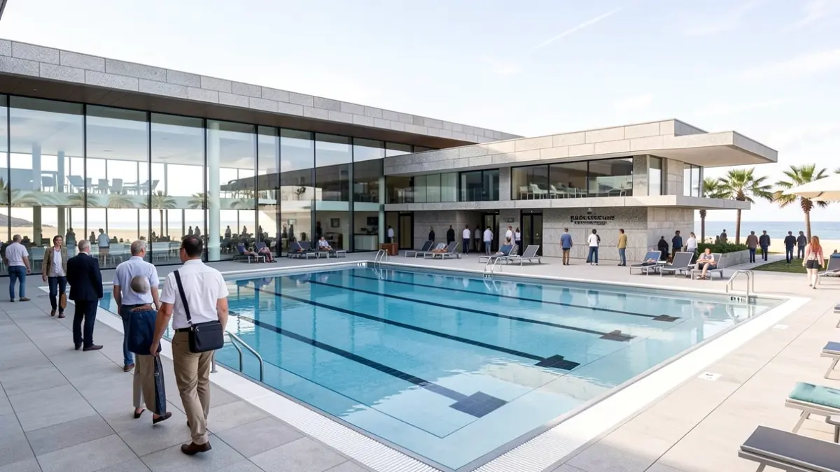 Imaxe xenérica dunha piscina municipal reformada con fachada de vidro e vaso de 25 metros.