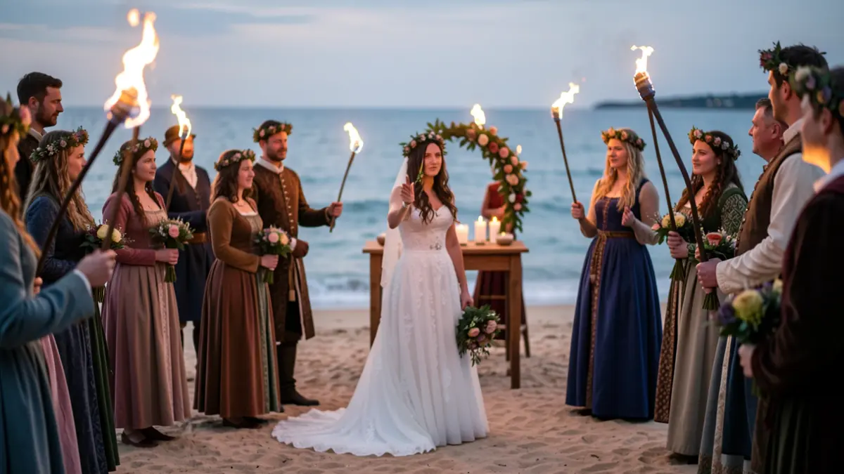 Imaxe xenérica de voda celta na praia ao atardecer con antorchas e coroas de flores.