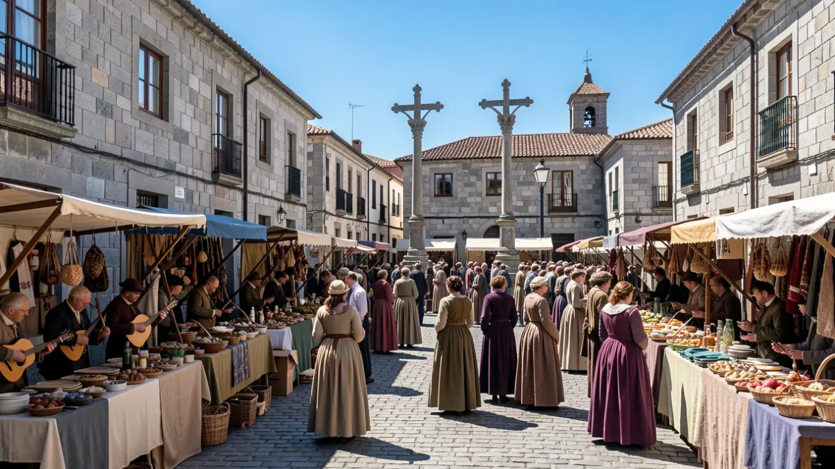 Imaxe dun mercado medieval en Celanova con postos de artesanía e música.