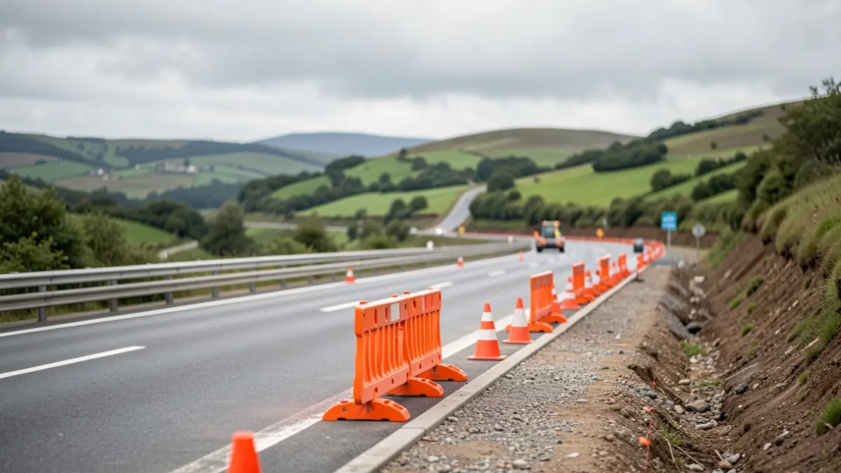 Imaxe dun tramo da estrada N-120 en obras, con barreiras e conos, e o fondo de outeiros galegos e ceo nubrado.