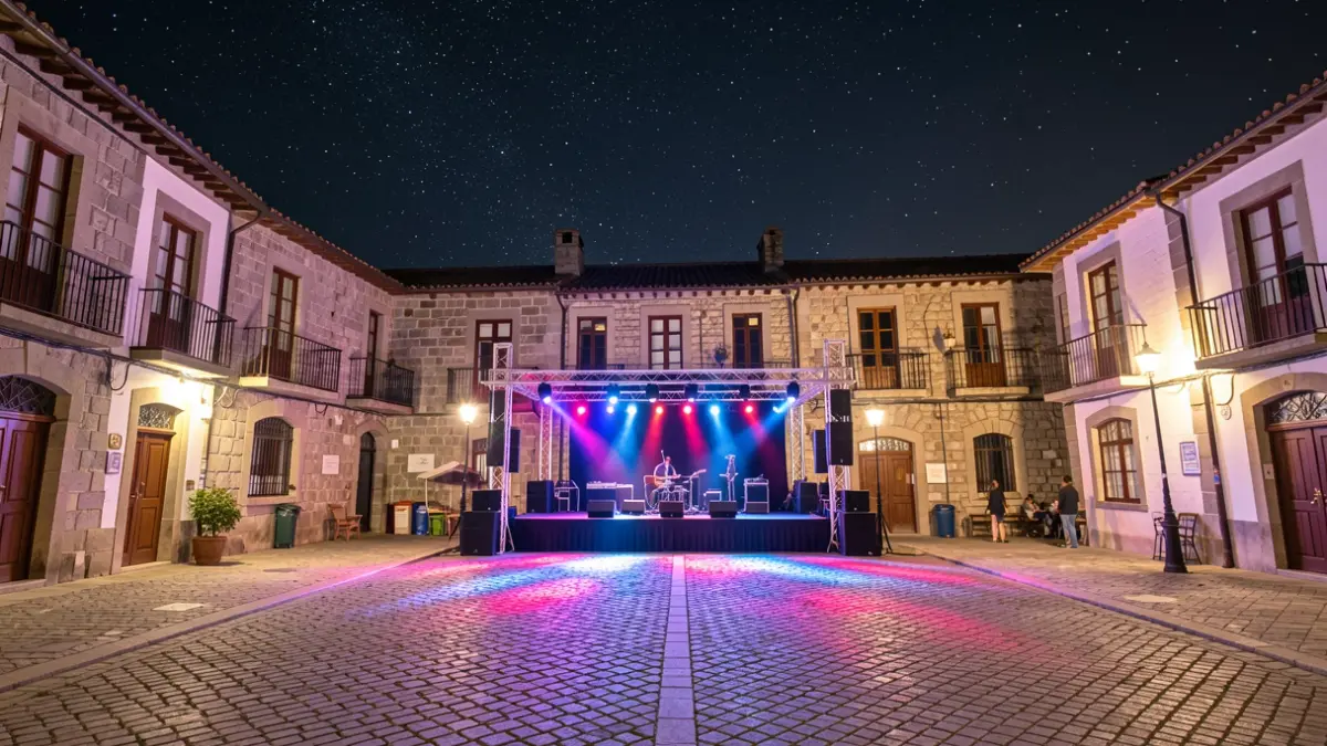 Imagen genérica de una plaza gallega por la noche, con luces de concierto y arquitectura tradicional.