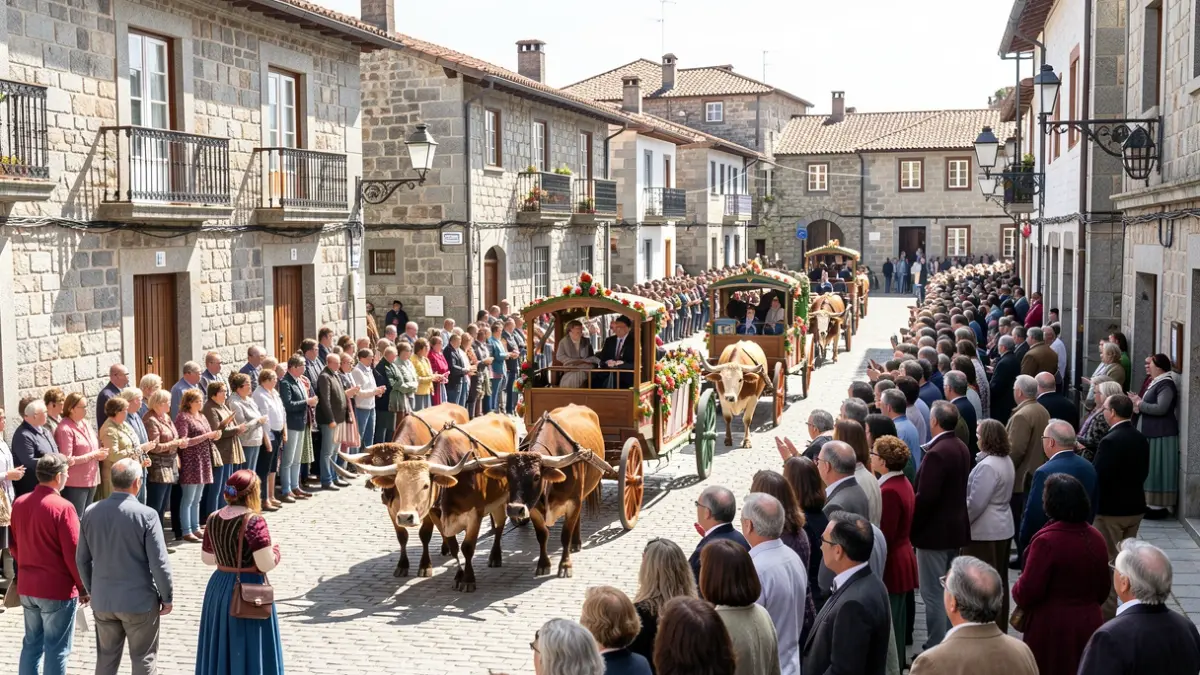 Multitude nunha praza de Chantada observando un desfile de carros tradicionais tirados por bois.