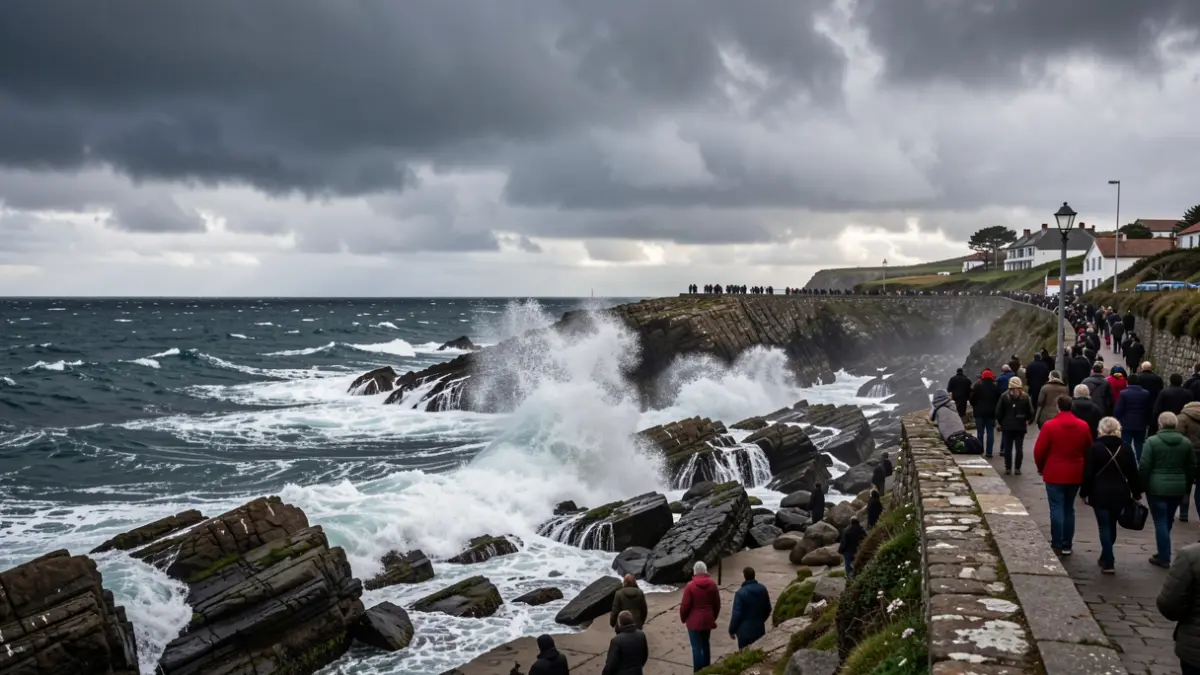 Imagen genérica de mar tempestuoso con olas fuertes contra la costa gallega.