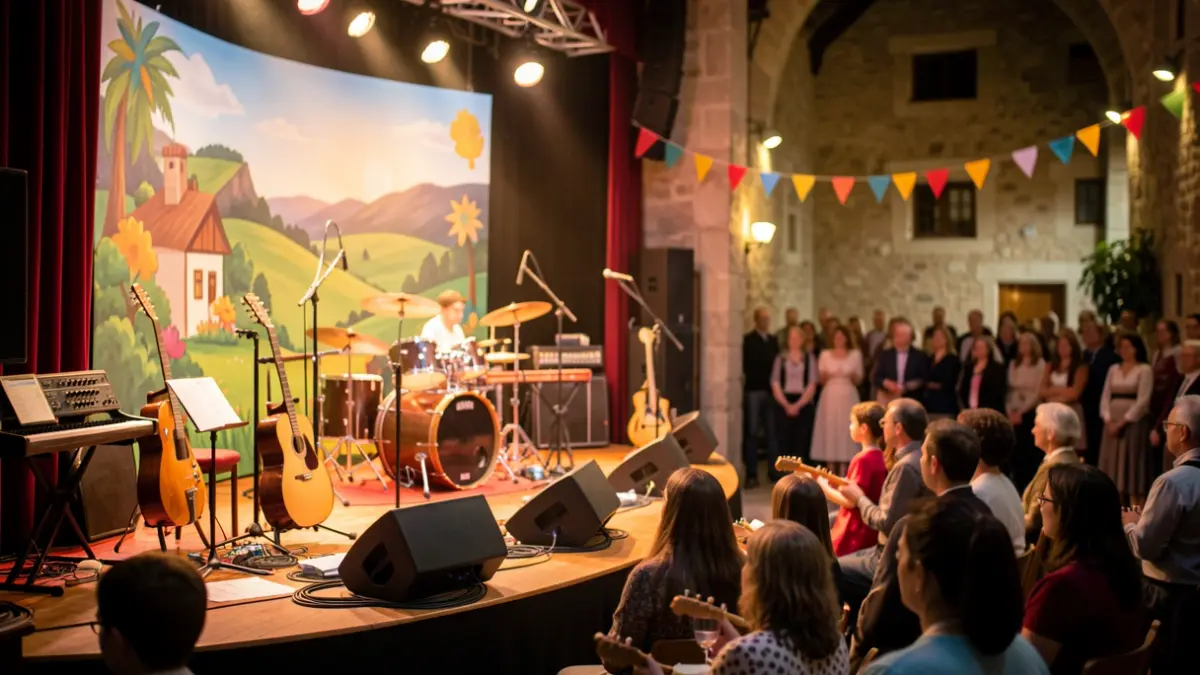 Imaxe xenérica dun escenario con instrumentos musicais e decoración colorida para un concerto familiar.