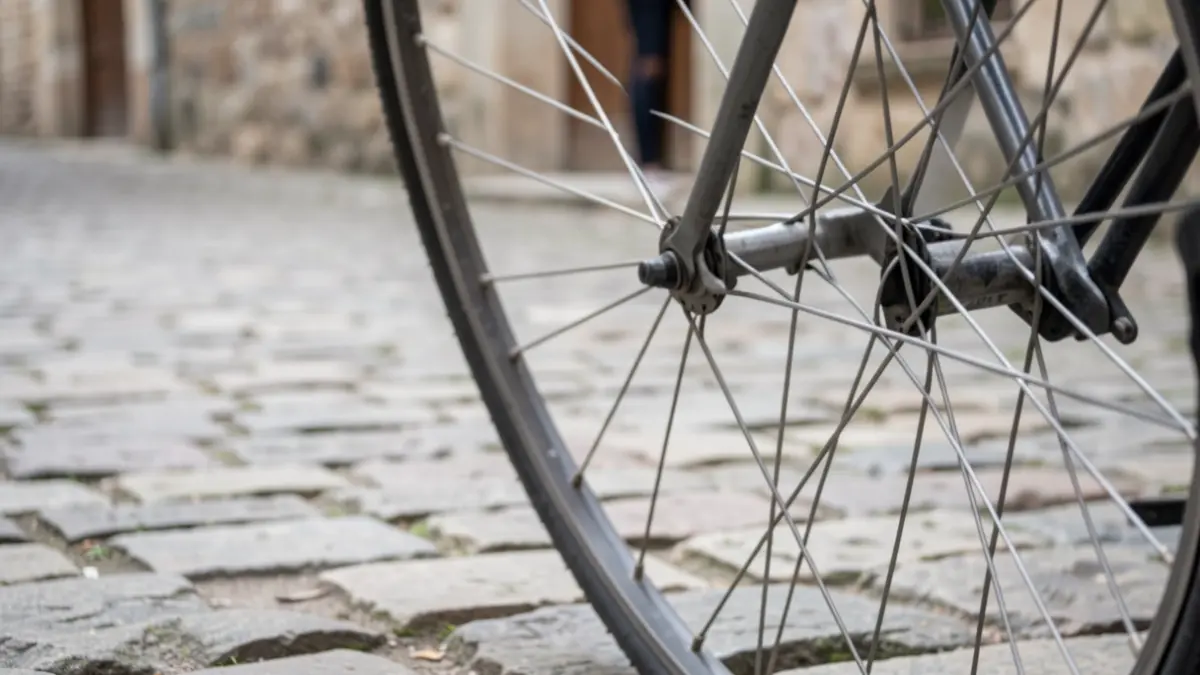 Primeiro plano dunha roda de bicicleta cun fondo borroso dunha rúa empedrada en Lugo.