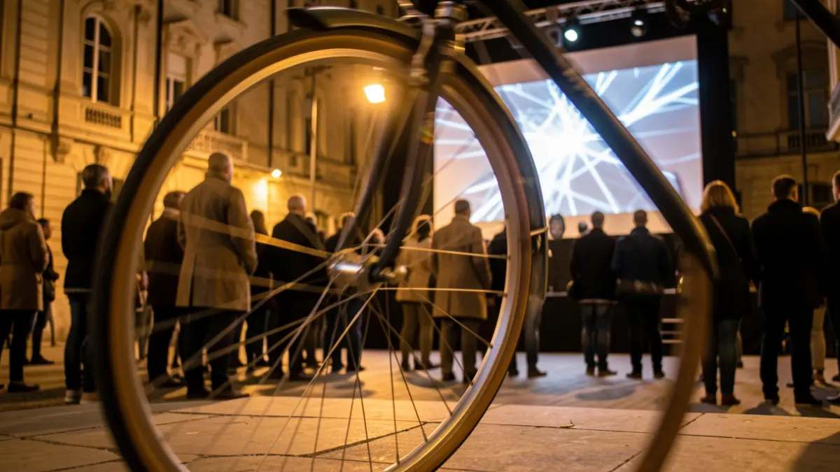 Imaxe xenérica dunha roda de bicicleta en movemento cunha pantalla de proxección ao fondo.