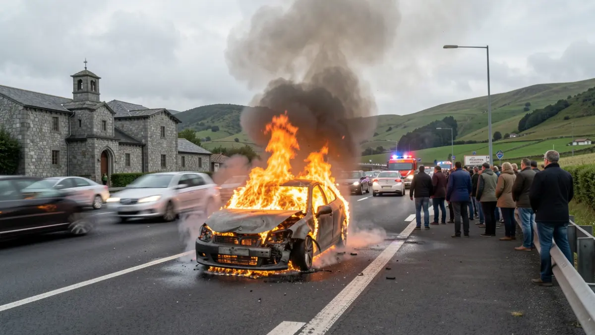 Imaxe dun coche en chamas na beira dunha estrada galega con tráfico ralentizado e luces de emerxencia.