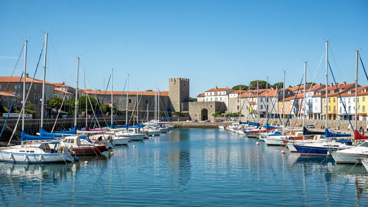 Vista panorámica del puerto deportivo de Combarro, en Poio, con veleros atracados y la arquitectura tradicional de Galicia de fondo.