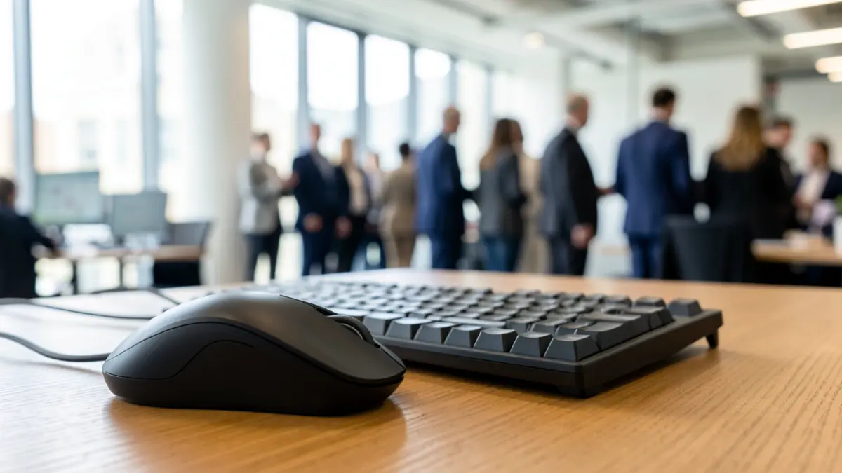 Imaxe xenérica dun rato e teclado de ordenador sobre unha mesa de madeira.