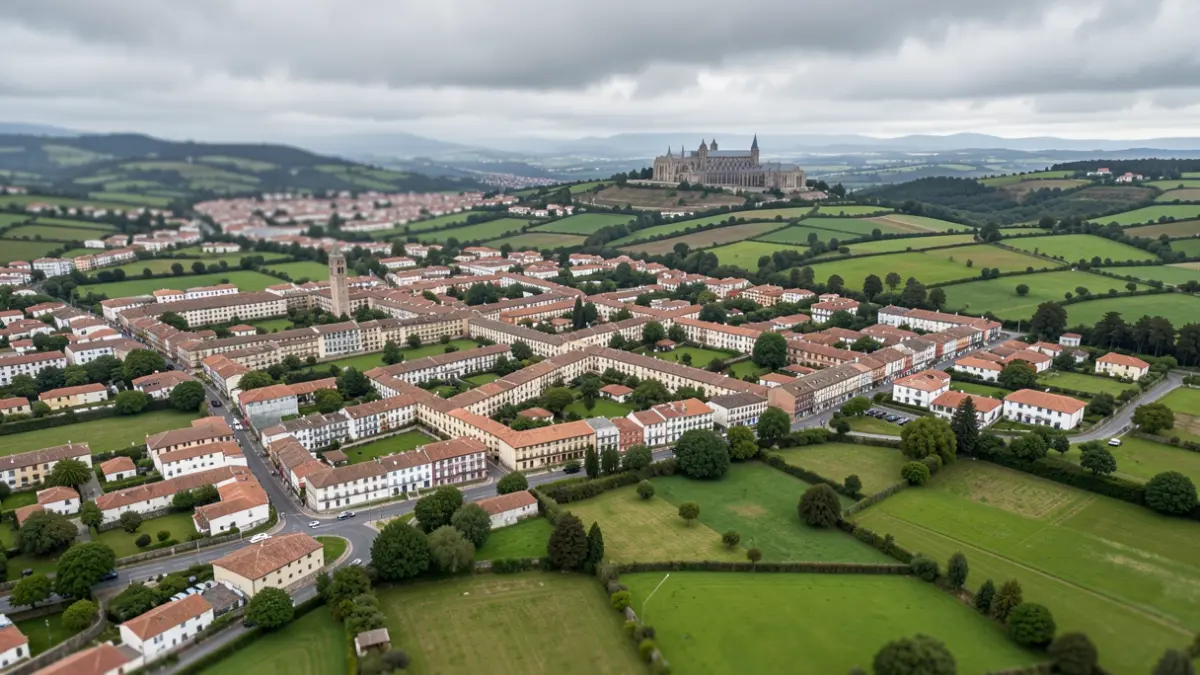 Vista aérea del municipio de Ames, Galicia, mostrando sus núcleos urbanos y paisajes rurales verdes, con la catedral de Santiago de Compostela visible al fondo bajo un cielo atlántico nublado.