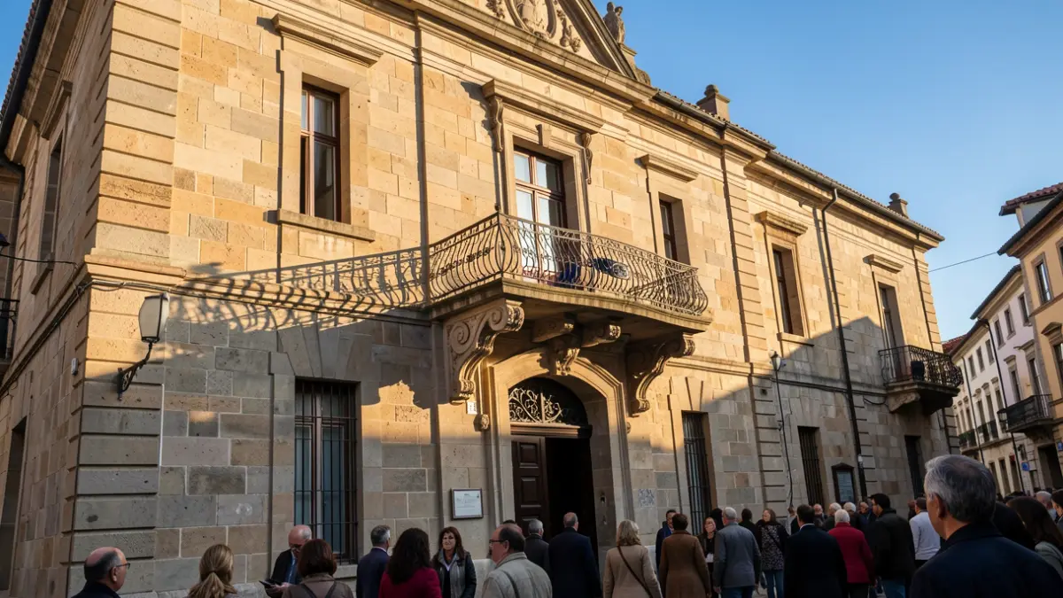 Imagen genérica de un ayuntamiento gallego de piedra con balcón ornamentado.