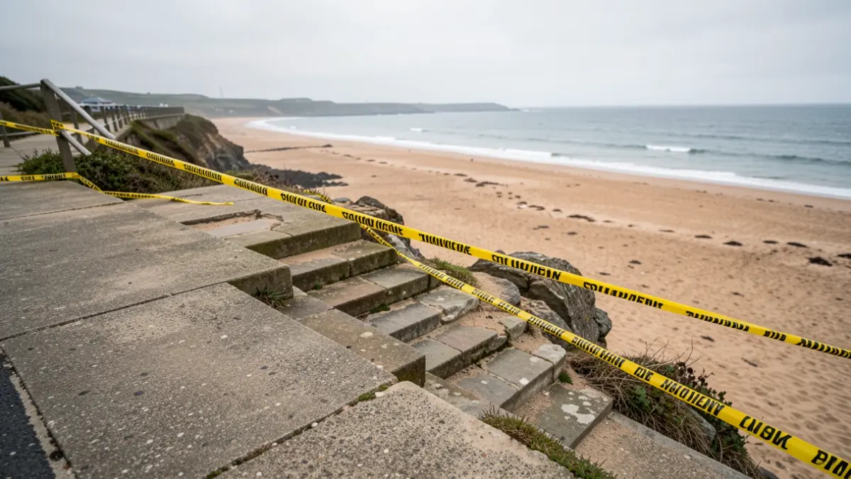 Imaxe xenérica dun tramo de pasarela e escaleiras de acceso a unha praia pechado con cinta de perigo.