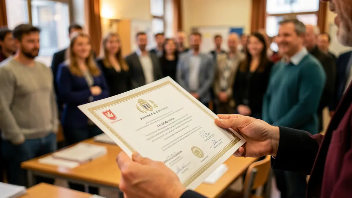 Imagen genérica de manos sosteniendo un certificado con fondo de aula.