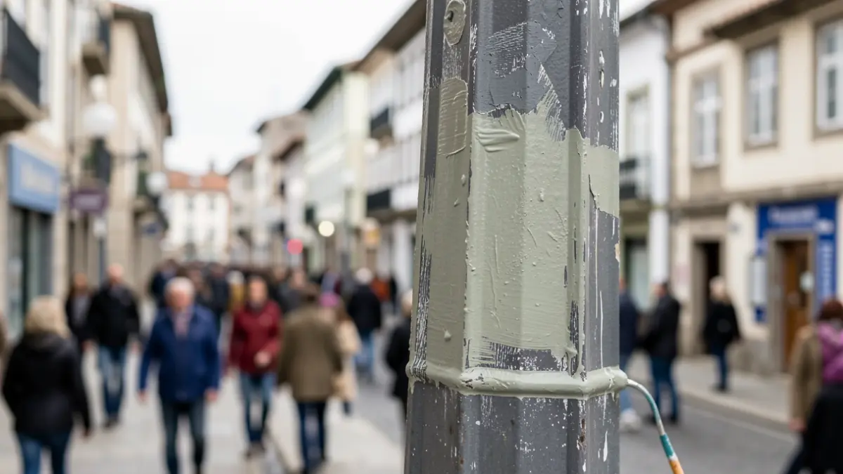 Primeira imaxe dun poste de iluminación pública sendo restaurado e pintado en Pontevedra.
