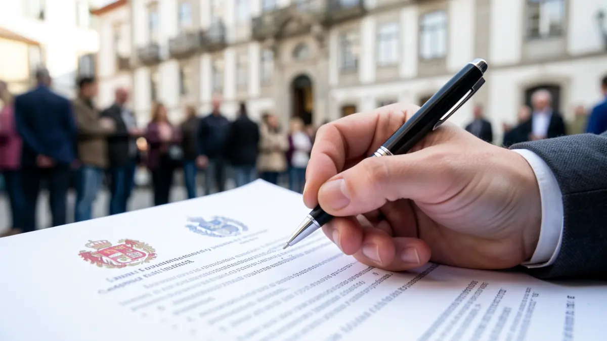 Primer plano de un documento oficial con sello y una mano firmándolo, con fondo de un edificio institucional gallego.