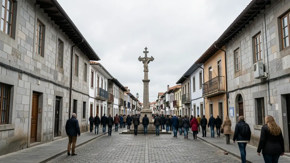 Imaxe xenérica dunha rúa galega con edificios de granito e un cruceiro.