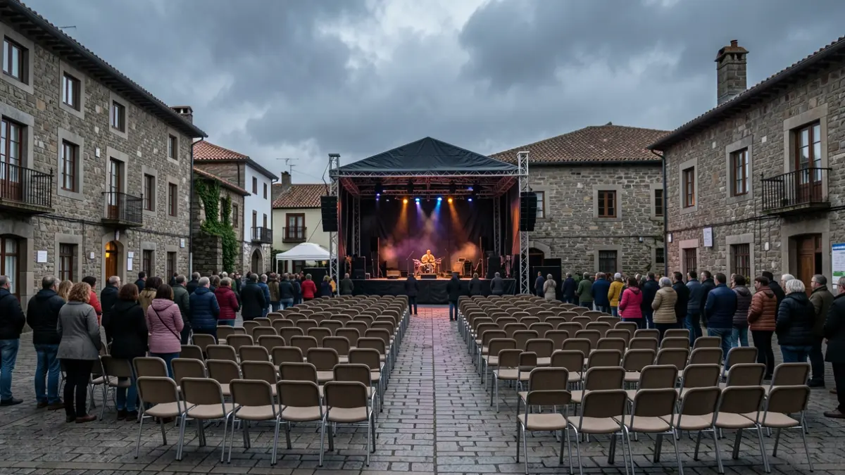 Imagen genérica de un escenario vacío en una plaza gallega con nubes de lluvia.