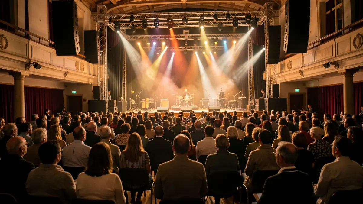 Interior da Sala Pelícano, espazo de concertos na Coruña, con luces de escenario iluminando unha área de actuación baleira.