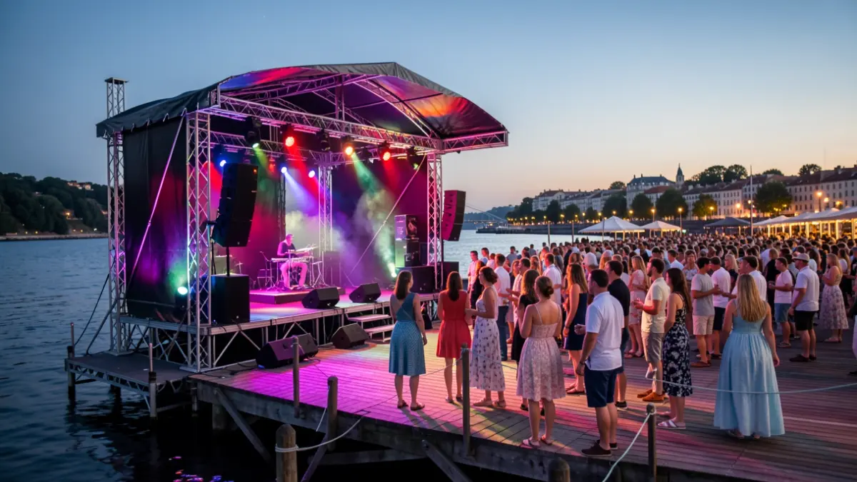 Imaxe xenérica dun concerto ao aire libre nun peirao ao atardecer.