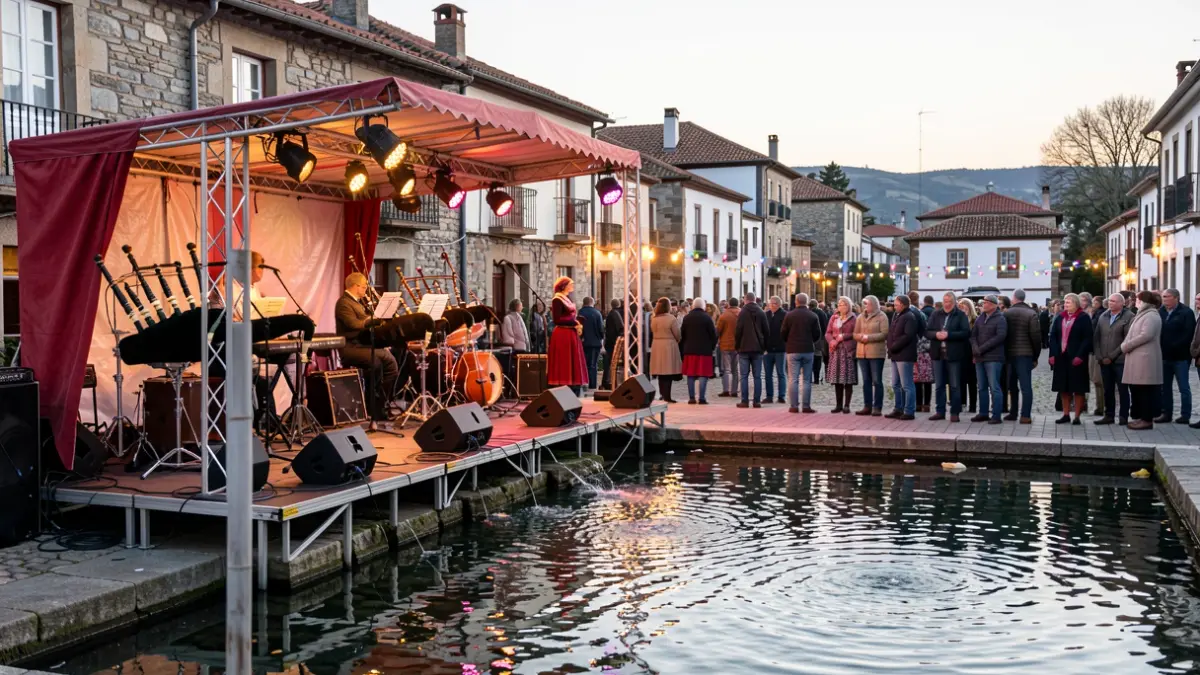 Imagen de un escenario exterior con un instrumento de música tradicional gallega.