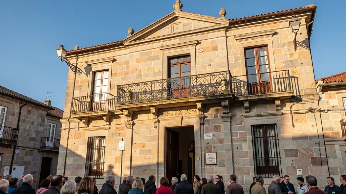 Imagen genérica de un ayuntamiento gallego de granito con balcón ornamentado.