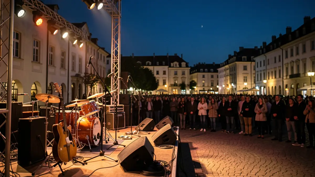Imagen genérica de un escenario vacío por la noche en una plaza, con focos de luz y siluetas de público al fondo.