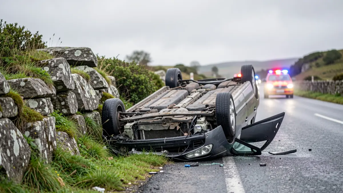 Imagen de un coche volcado en una carretera rural de Galicia con luces de emergencia al fondo.