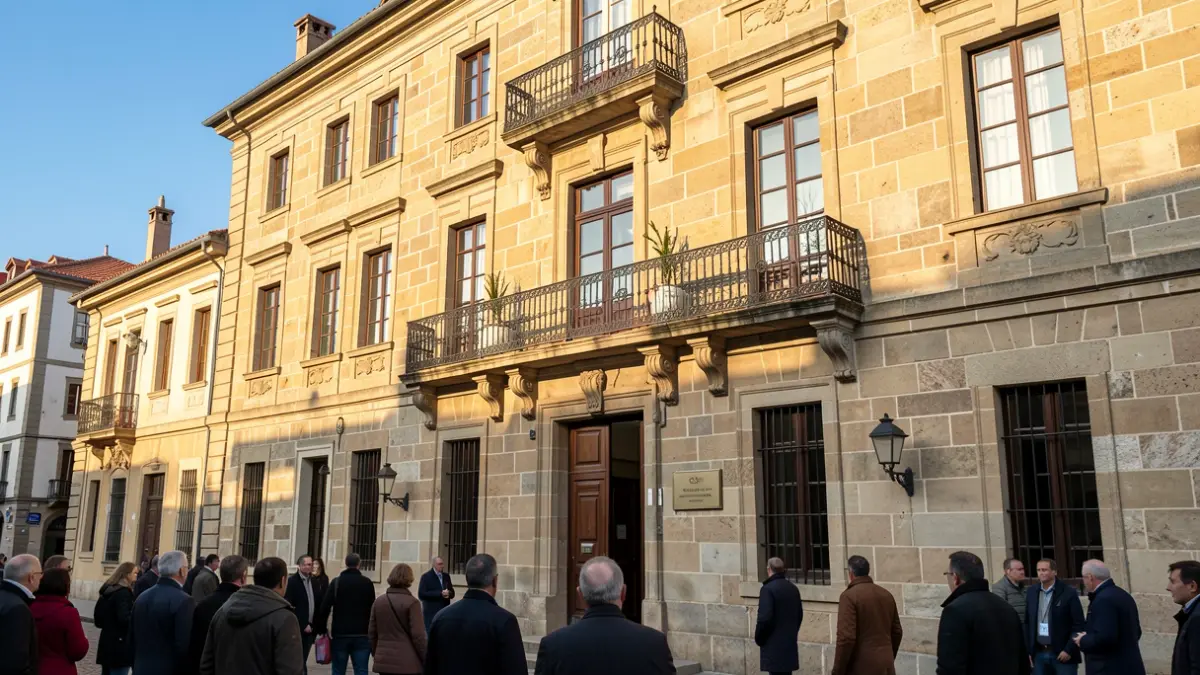 Imagen genérica de un ayuntamiento gallego con balcón de hierro y luz solar.