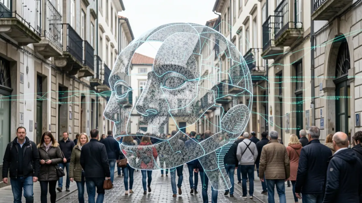 Imagen genérica de inteligencia artificial con texturas de granito gallego y flujos de datos.
