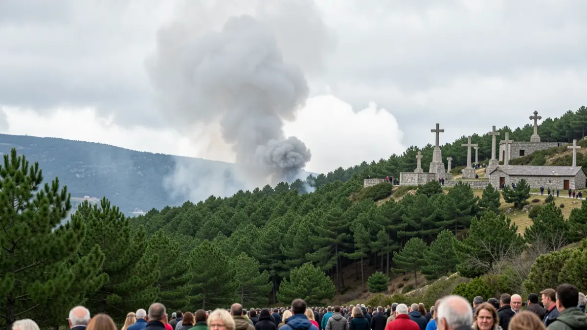 Imagen genérica de humo de un incendio forestal en un paisaje gallego con arquitectura de granito.