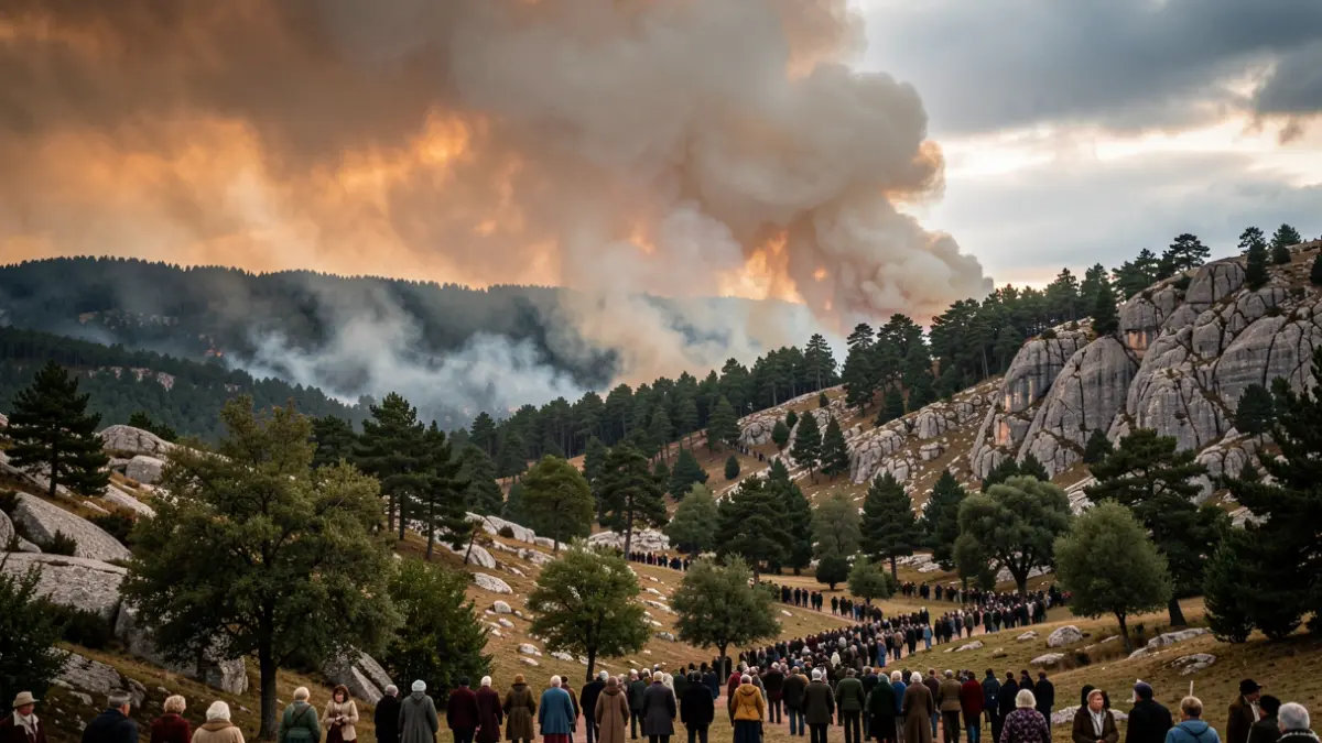 Imagen genérica de incendio forestal con humo sobre paisaje gallego.