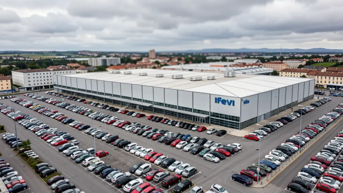 Vista aérea dun gran centro de convencións en Vigo, Galicia, baixo un ceo nubrado.