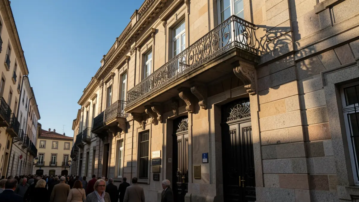 Imagen genérica de un ayuntamiento gallego de granito con balcón de hierro.