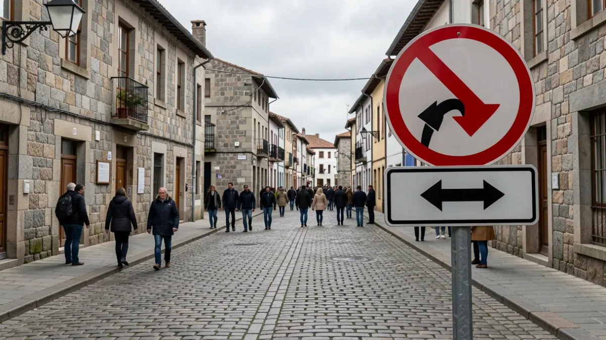 Imagen genérica de señalización de corte de tráfico en una calle de piedra en Galicia.