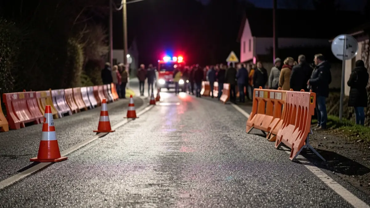 Imaxe xenérica de obras na estrada pola noite con sinais de tráfico e luces de emerxencia.